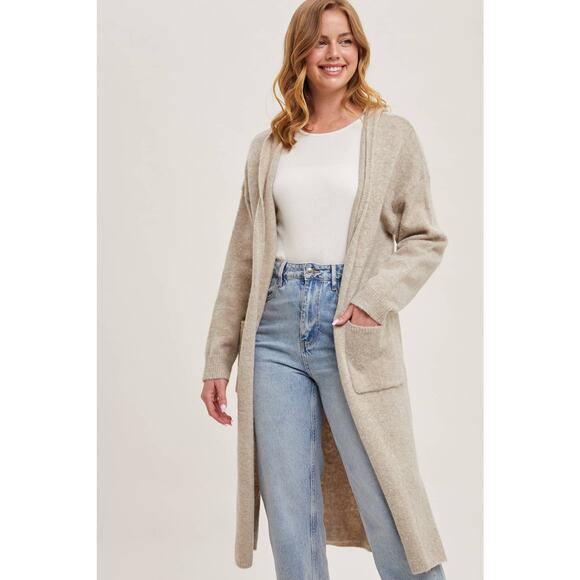 Longline Hoodie Drape Open Front Cardigan Coatigan Oatmeal - Picture 3 of 8